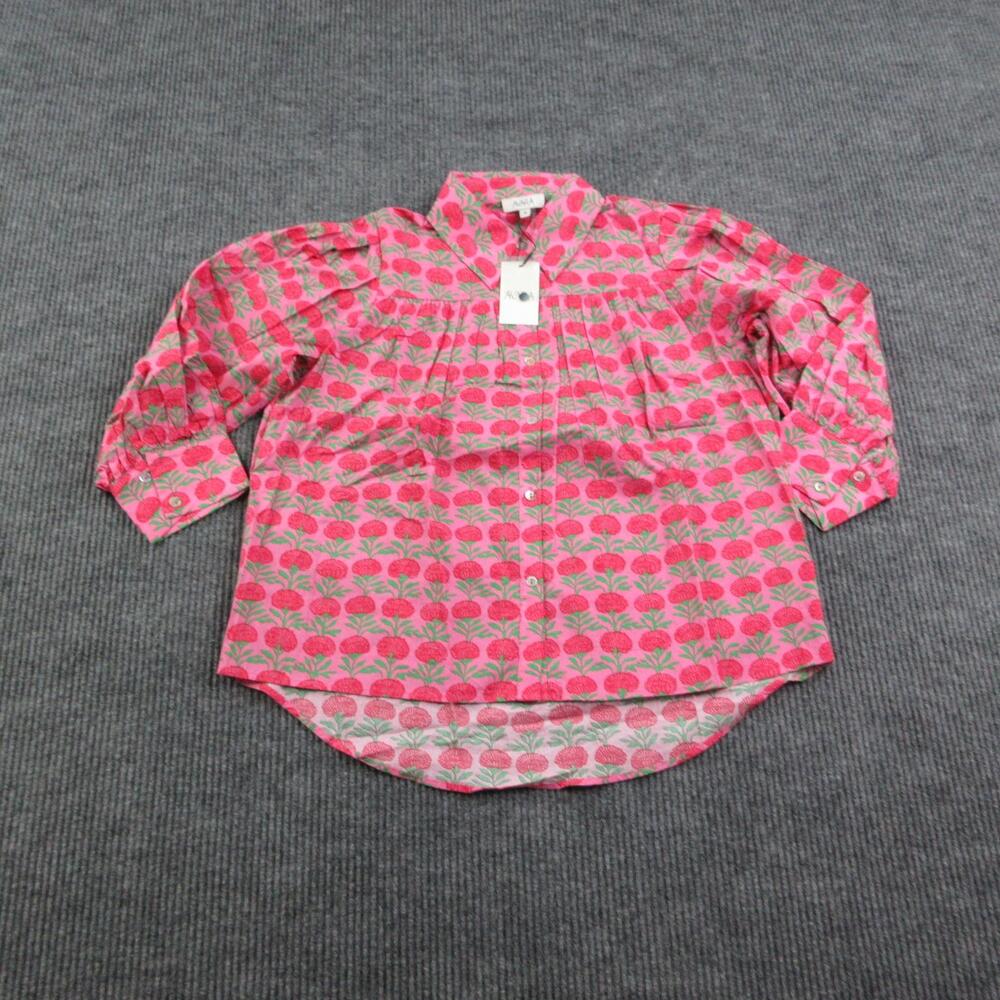 AVARA Blouse Womens M Pink Tunic Collared Long Sleeve Floral Button Cotton NWT